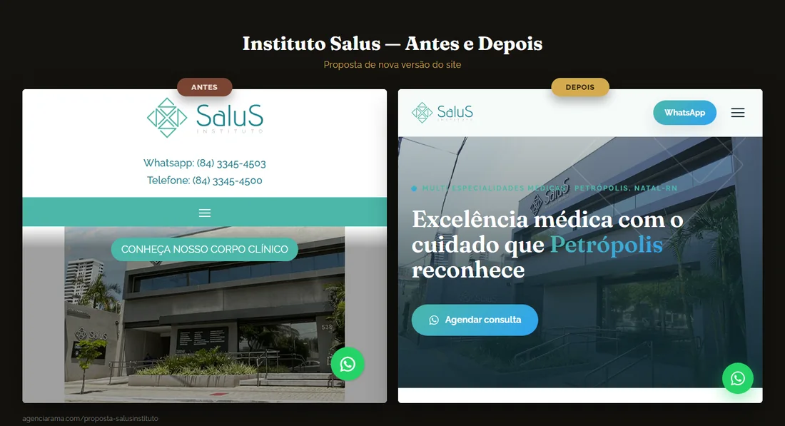 Antes e depois do site da Instituto Salus, feito pela Rama