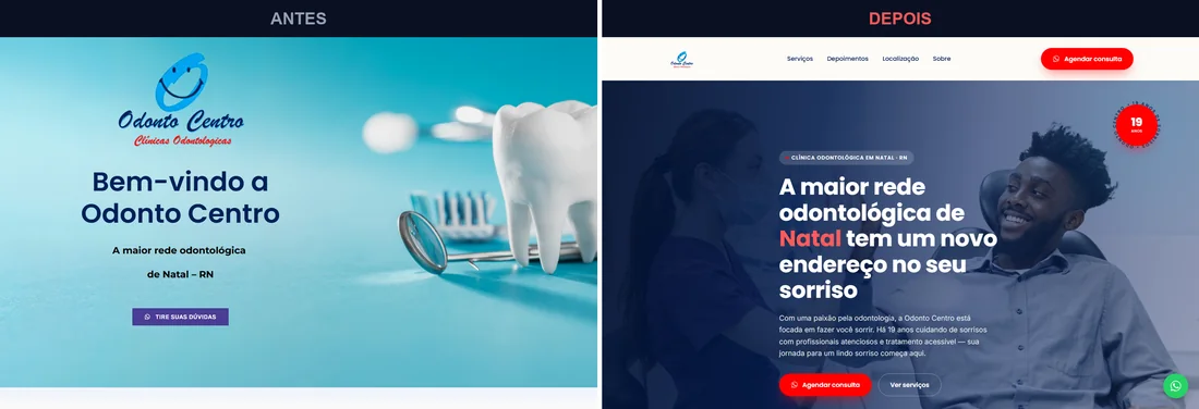 Antes e depois do site da Odonto Centro, feito pela Rama