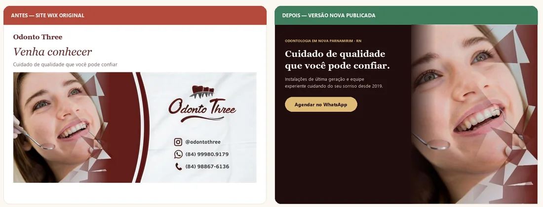 Antes e depois do site da Odonto Three, feito pela Rama